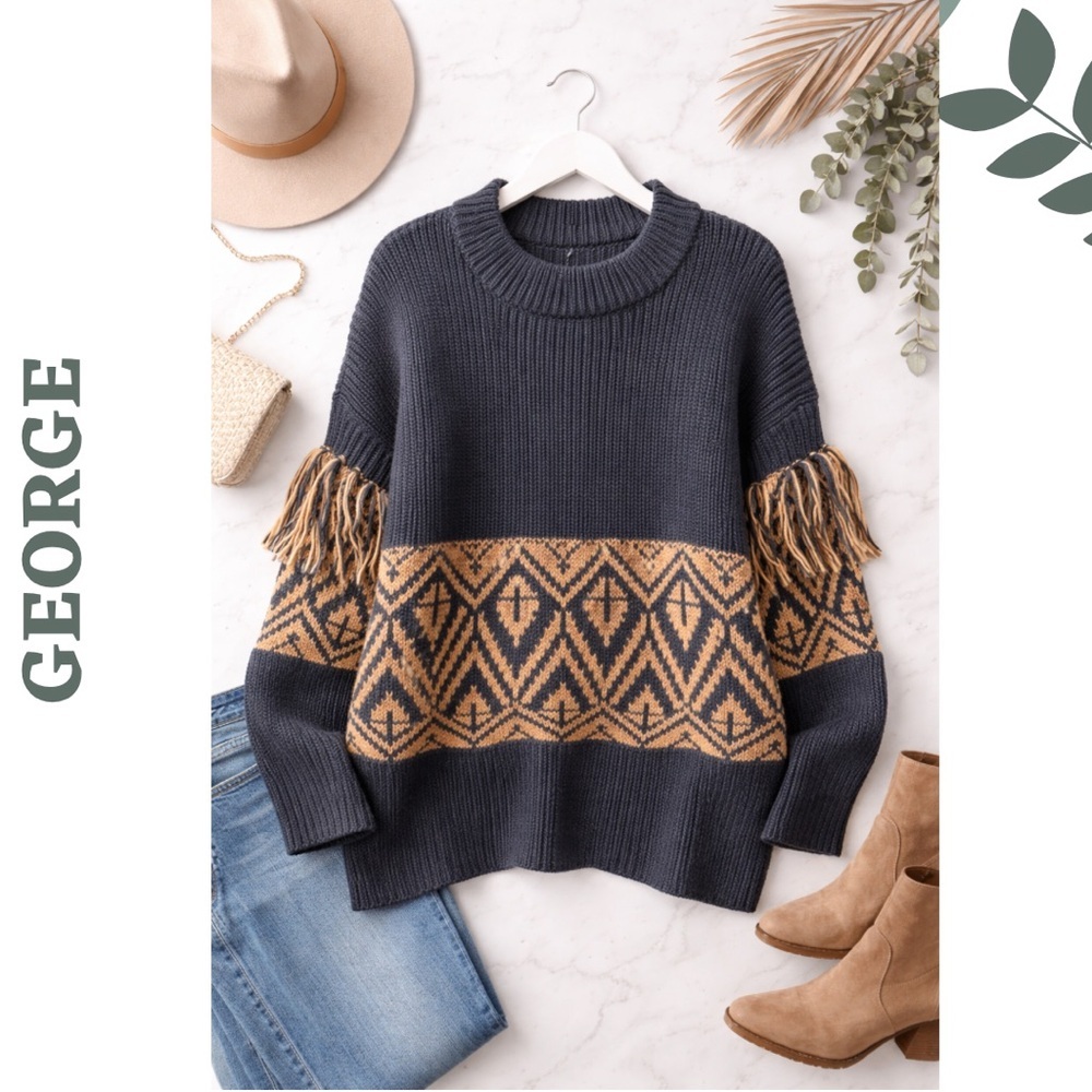George XXL Chunky Knit Fringe Sweater Boho Cozy